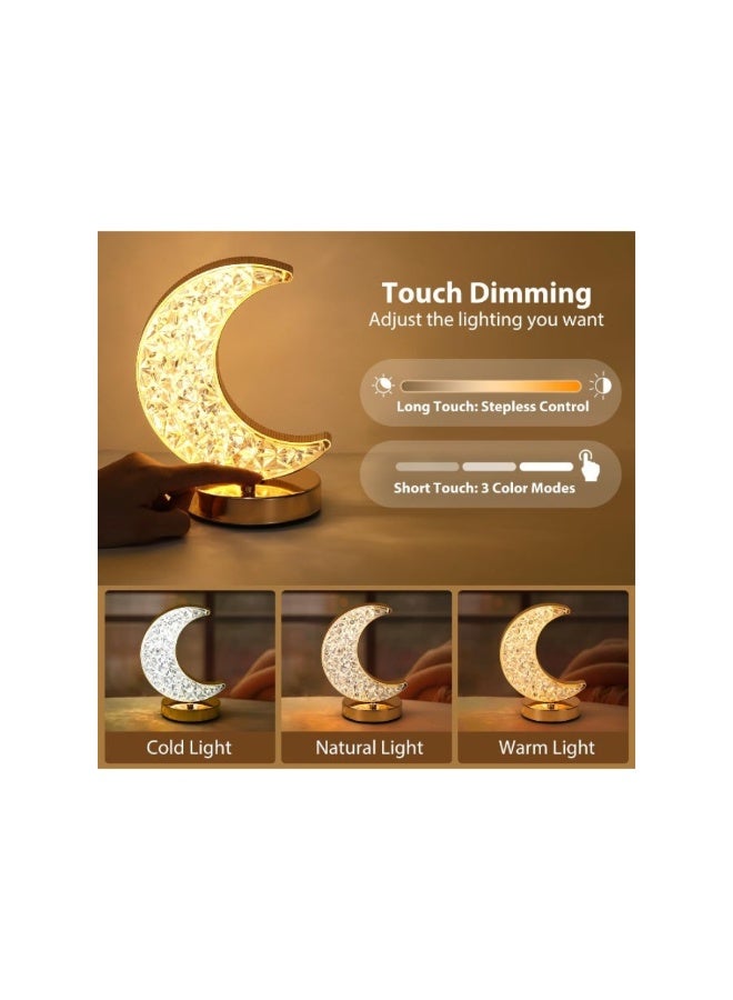 أكاليكس مصباح طاولة رمضاني، مصباح يعمل باللمس قابل للتعتيم تدريجيًا بثلاثة ألوان، ضوء ليلي قابل لإعادة الشحن، مصباح طاولة على شكل هلال كريستالي لتزيين طاولة غرفة النوم أو غرفة المعيشة (القمر) - Image 3